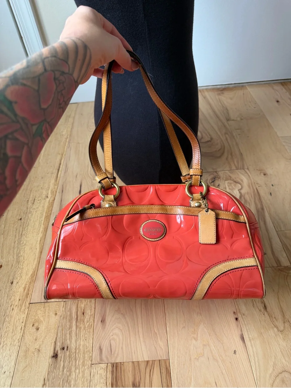 Coach Coral Patent Leather Shoulder Satchel with Tan Trim
